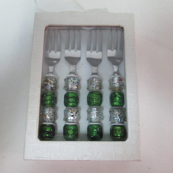 Wild Eye Designs Appetizer Art Glass small Forks silverware green set NEW NIB - Picture 5 of 6